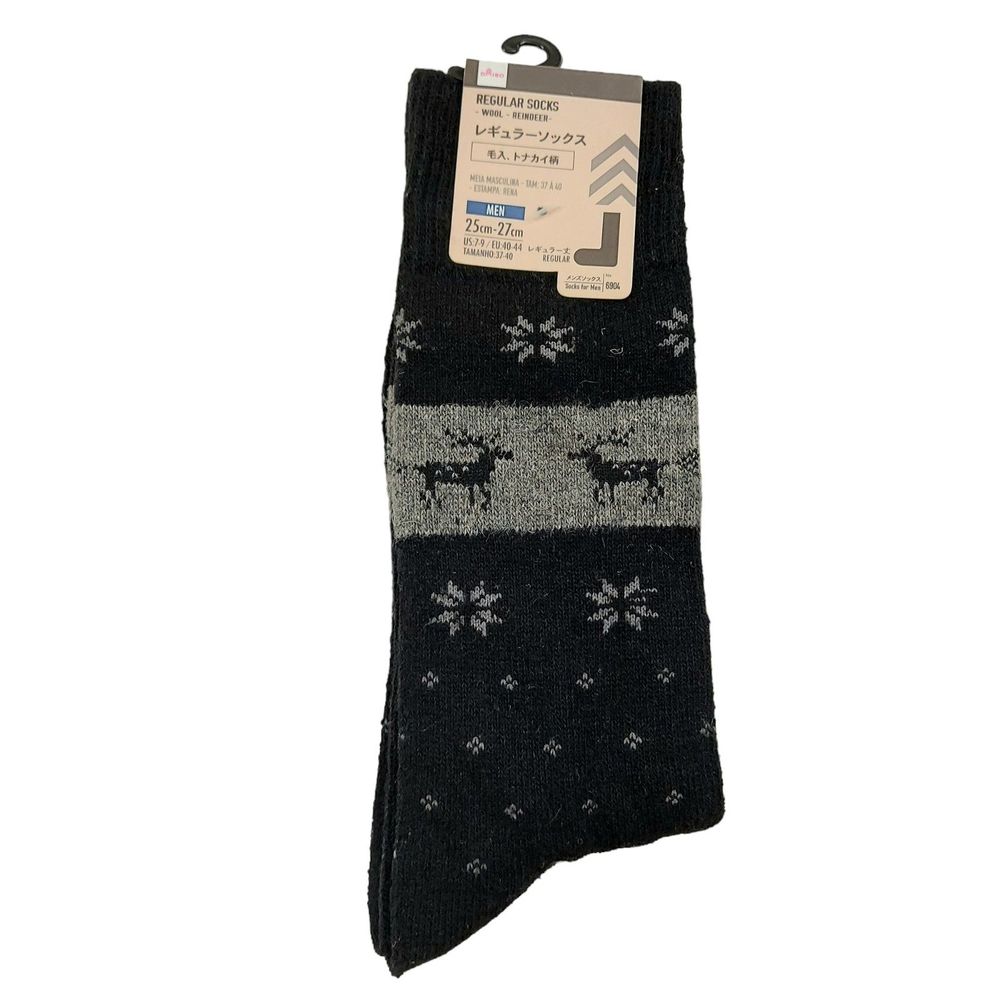 Daiso 1 Pair Mens Crew Regular Socks Shoe Size 7-9 Black Wool Reindeer